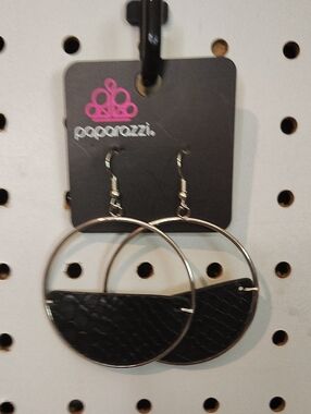Paparazzi Black Hoop Leatherette Accent Earrings